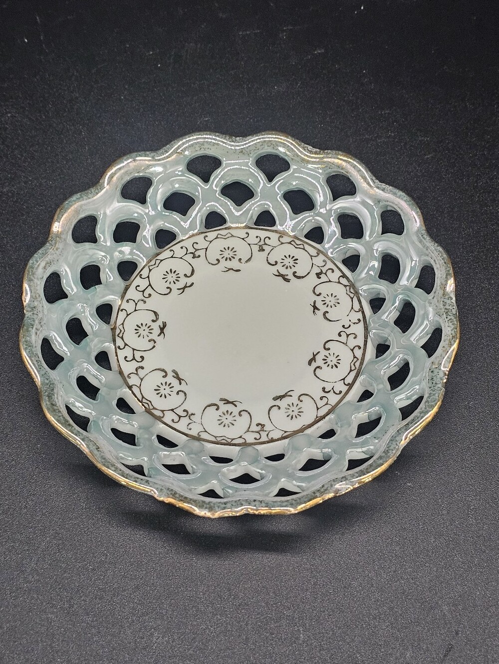 Decorative Pierced Porcelain Dish with Gold Accents - Pale Blue & White